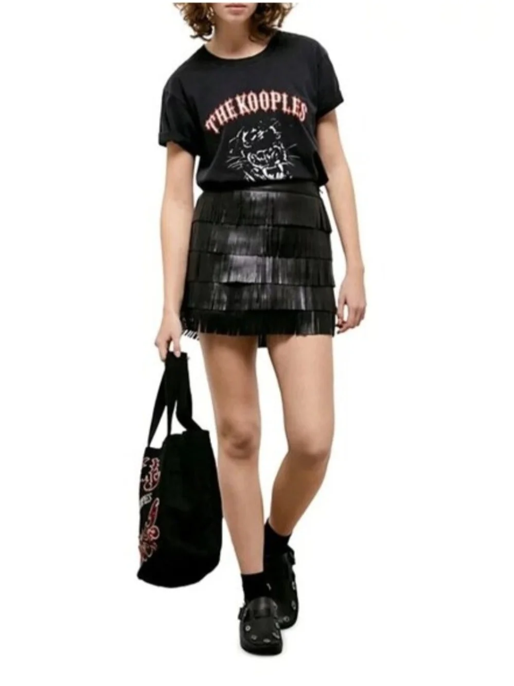 THE KOOPLES - Leather Fringe Mini Skirt in Black - NWT Size 3/L